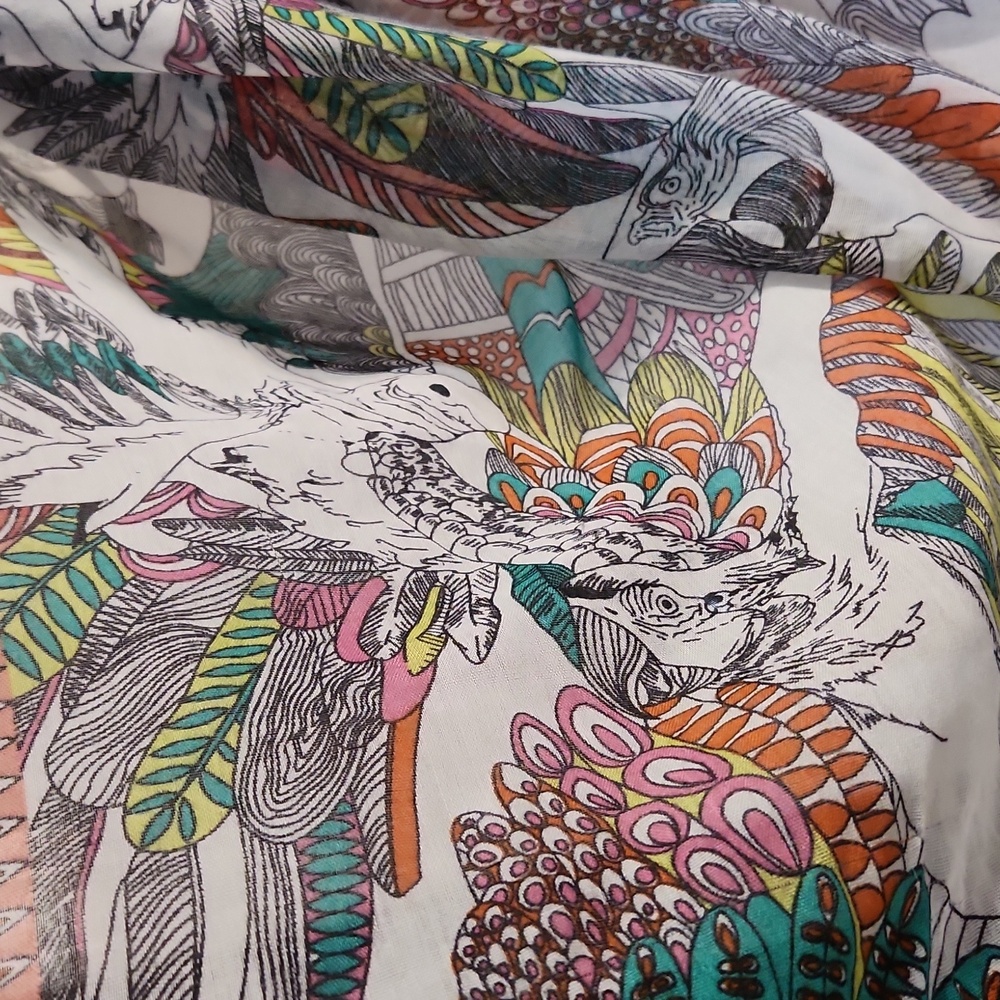 Large Bird And Fish Colorful Patterned Scarf - Picture 5 of 8